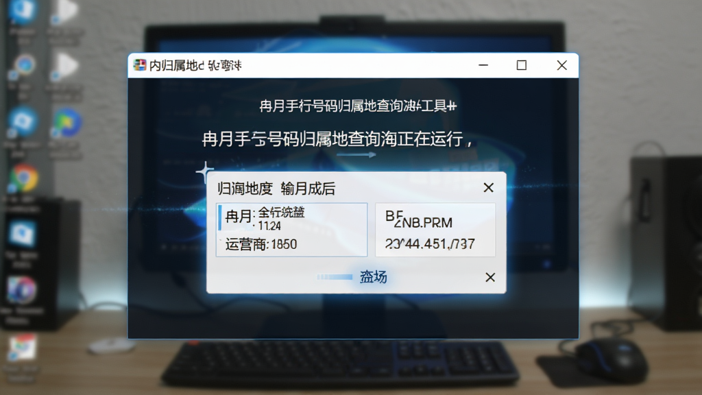 冉月手机号码归属地查询工具正在运行,显示输入号码后立刻弹出归属地浮窗,包含省市和运营商信息,背景为模糊的电脑桌面,软件界面高亮,突出查询速度之快,风格写实,画质清晰