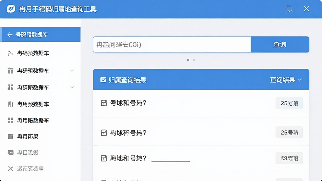 冉月手机号码归属地查询工具主界面预览图,展示简洁的输入框和查询结果列表,左侧为号码段数据库导航,整体采用蓝白配色,扁平化设计风格,界面干净整洁,细节清晰,画质高清,无多余元素