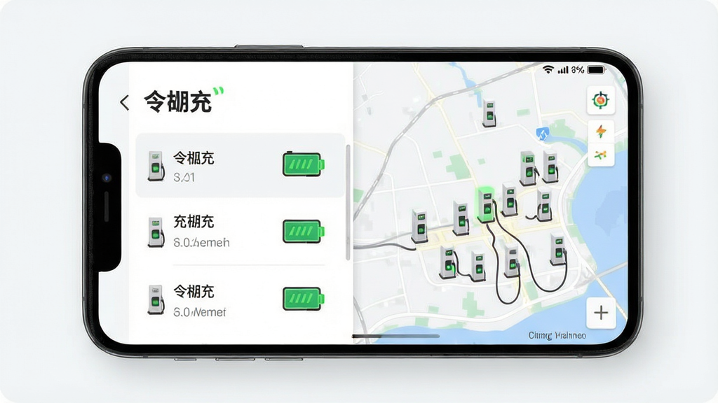 一张展示令狐充软件核心界面的概念图,主体为智能手机屏幕,屏幕上清晰显示着“令狐充”字样及周边充电桩分布地图,布局采用左右分栏设计,左侧为充电桩列表,右侧为地图视图,风格现代简约,细节包含电量图标、绿色充电指示灯,画质高清干净,无多余元素