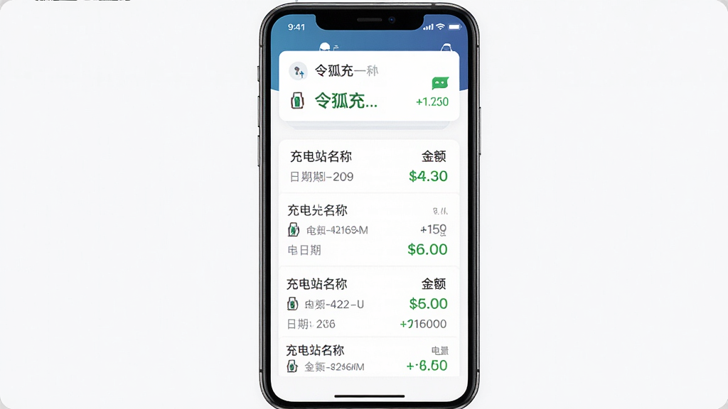 令狐充软件个人充电订单记录页面展示图,主体为手机应用界面,以列表形式显示多条充电记录,每条记录包含充电站名称、日期、金额和电量,布局清晰整齐,顶部为账户信息摘要卡片,风格简洁商务,细节强调绿色数字金额,画质高清干净,无多余元素