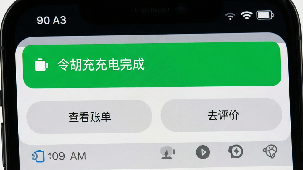 展示令狐充充电完成后的手机通知栏截图,主体为手机通知面板,顶部有一条醒目的绿色通知横幅,显示“令狐充充电完成”,下方有“查看账单”和“去评价”两个按钮,布局简洁,风格写实,细节包含时间、电量图标,画质干净清晰,无多余元素