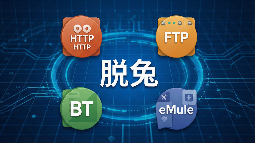 一张展示“脱兔”软件功能特性的宣传图,画面主体为四个不同颜色的协议图标(HTTP、FTP、BT、eMule)环绕在“脱兔”字样周围,背景为科技感十足的蓝色网格,布局简洁,风格现代,细节清晰,画质高清
