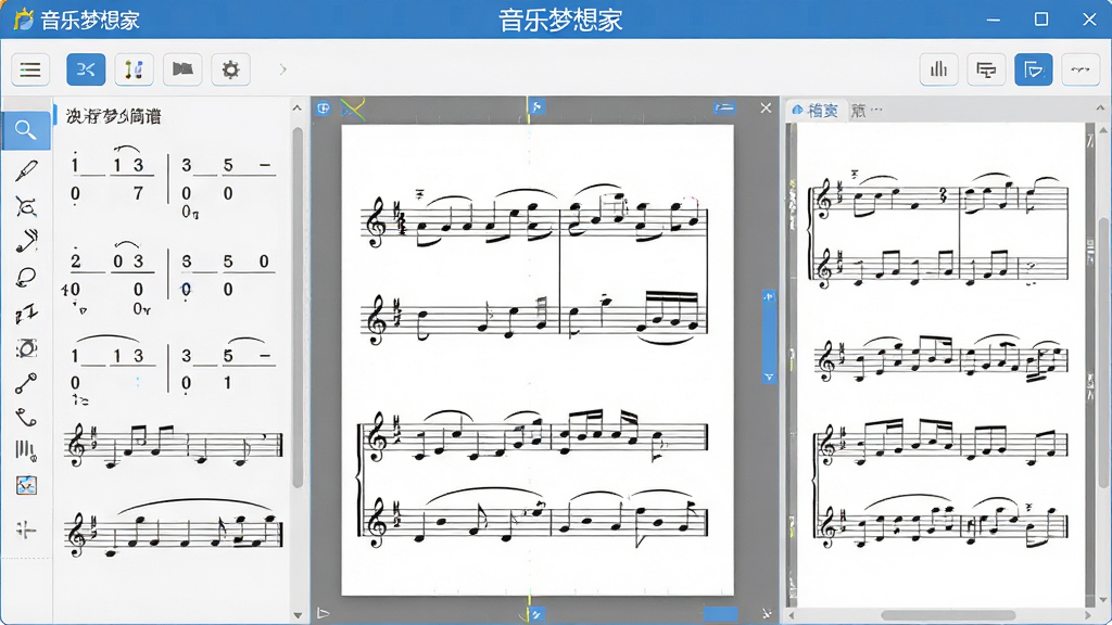 主体:音乐梦想家简谱五线谱软件界面,展示简谱与五线谱对照编辑的窗口,布局:左侧为音符工具栏,右侧为谱面编辑区,中央为乐谱显示,排版:清晰的功能分区,上方有菜单栏和快捷按钮,风格:现代简约,界面明亮,细节:音符符号清晰,软件名称“音乐梦想家”显示在界面顶部,画质:高清,干净,无多余元素