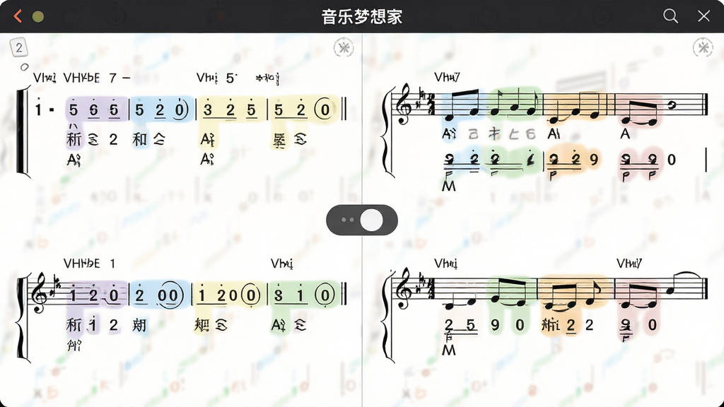 主体:音乐梦想家软件中简谱与五线谱对照显示的界面,布局:左半部分为简谱,右半部分为五线谱,中央有切换按钮,排版:上下两行乐谱,对应音符用颜色高亮,风格:清晰直观,细节:音符、歌词、和弦标记完整,画质:高清,干净,无多余元素