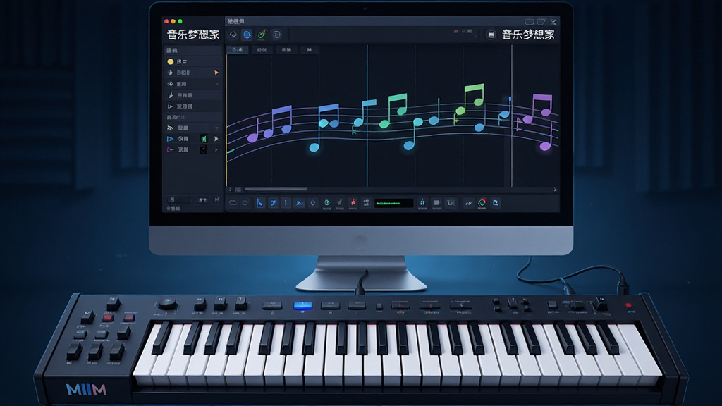 主体:音乐梦想家软件的MIDI输入功能示意图,布局:画面中央是一台MIDI键盘,连接电脑,电脑屏幕显示软件录入界面,排版:键盘在下方,屏幕在上方,风格:科技感,细节:屏幕上音符跳动,软件名称“音乐梦想家”出现在屏幕角落,画质:高清,干净,无多余元素