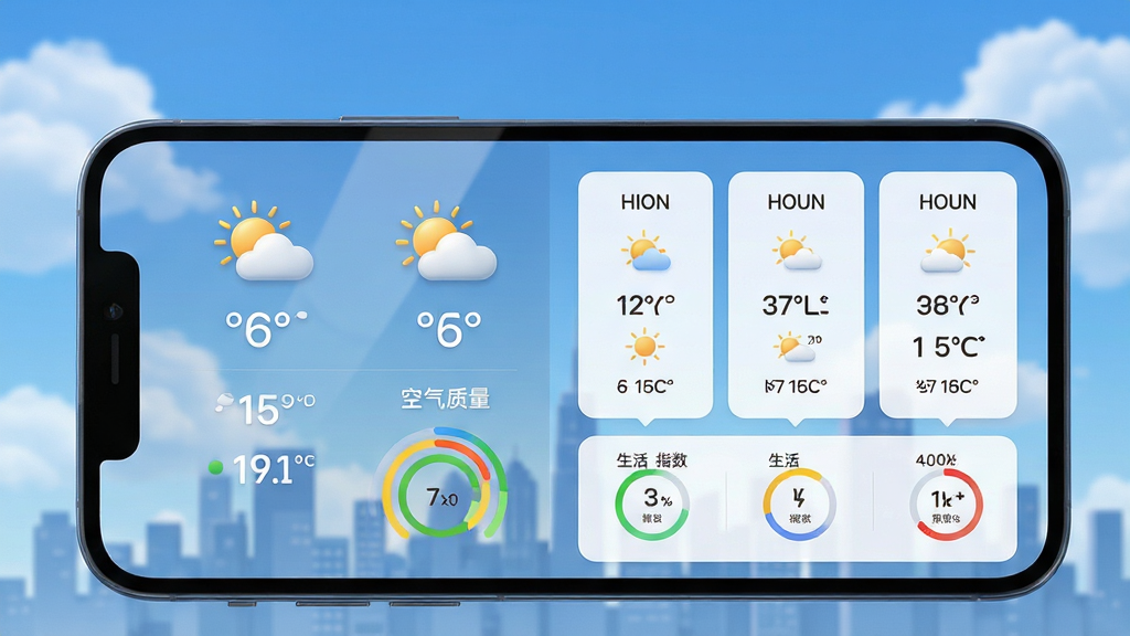 主体:手机屏幕展示墨迹天气App主界面,背景为蓝天白云与城市剪影。布局:左侧为气温、天气图标、空气质量指数,右侧为未来三小时预报卡片,下方排列生活指数图标。排版:居中构图,界面简洁清晰,信息层级分明。风格:写实3D渲染,色彩明快通透,光影自然柔和。细节:屏幕反光微弱,天气图标精致,温度数字清晰,空气质量指数以彩色圆环呈现。画质:8K超高清,干净无多余元素。