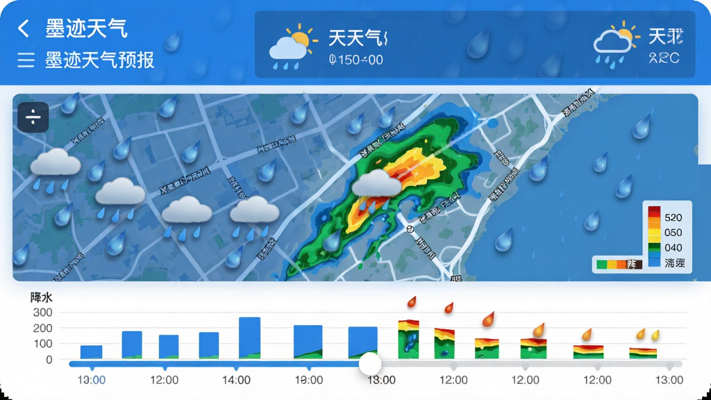 主体:墨迹天气App的分钟级降水预报页面,屏幕中显示雨云移动轨迹动画与时间轴。布局:上方为当前天气实况,中间为雷达地图,下方为逐小时降水柱状图。排版:地图占主要视觉区域,时间轴滑动条清晰。风格:科技感扁平化设计,蓝色系为主,雨滴动效逼真。细节:地图标注街道名称,雨量颜色分级图例清晰。画质:高分辨率,干净无多余装饰。