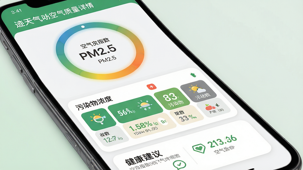 主体:墨迹天气App空气质量详情页,显示PM2.5数值与空气质量指数环。布局:顶部为空气质量指数大环,中部为六项污染物浓度列表,底部为健康建议卡片。排版:数据可视化清晰,色块区分优良等级。风格:清新简约风,绿色与灰色搭配,圆角卡片设计。细节:指数环有渐变色彩,污染物图标形象易懂。画质:细腻干净,无多余元素。
