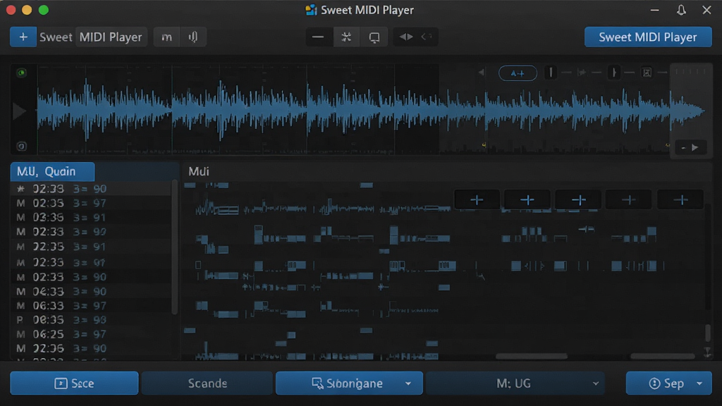 Sweet MIDI Player 软件界面特写,显示音频波形与MIDI事件列表,背景为深灰色调,界面采用蓝色高亮按钮,布局专业,排版整洁,科技风格,细节丰富,画质清晰,干净无多余元素