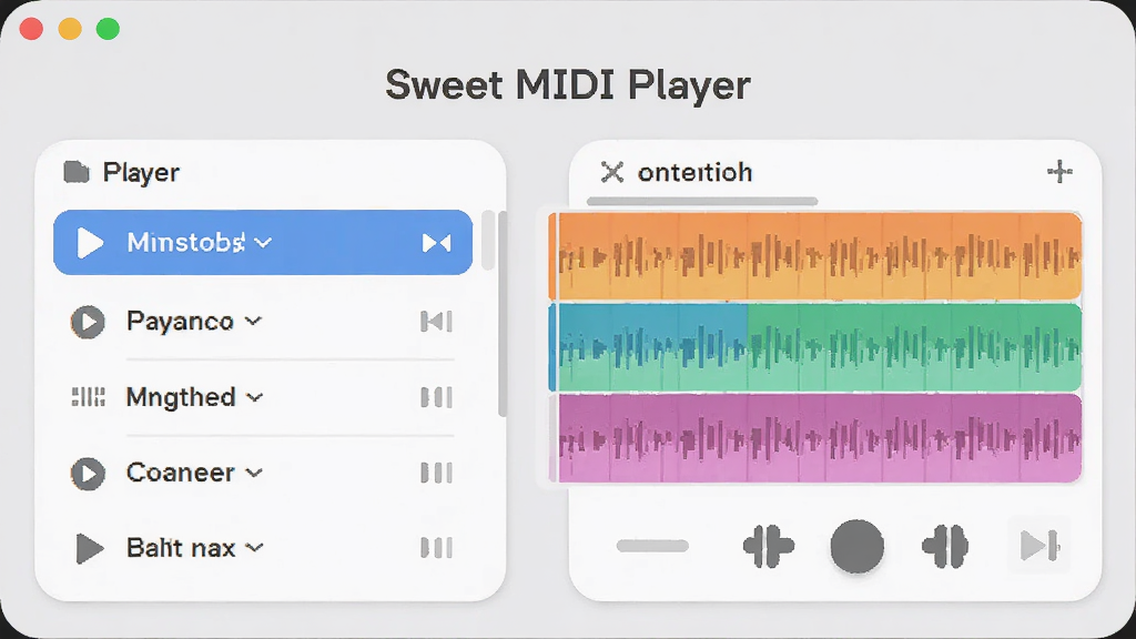Sweet MIDI Player 软件主界面,展示播放列表与音轨控制面板,背景为浅灰色调,界面元素以圆角矩形为主,风格简约,排版清晰,画质干净,无多余元素