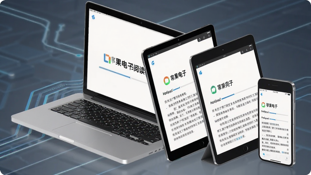 一幅展示多设备同步的示意图,主体为一部笔记本电脑、一部平板和一部手机同时显示幂果电子书阅读器的相同阅读界面,布局采用三台设备等距排列,排版具有透视感,风格科技感十足,细节包括设备屏幕中的页面进度条一致,画质清晰干净,无多余元素