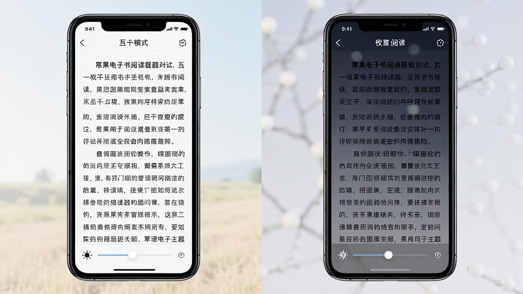 一幅对比不同阅读主题的界面展示图,主体为一部智能手机竖屏显示幂果电子书阅读器的阅读页面,左侧为白天模式,右侧为夜间模式,布局采用左右对比形式,排版简洁,风格写实,细节包括文字清晰、背景色柔和、底部有亮度调节滑块,画质细腻干净,无多余元素