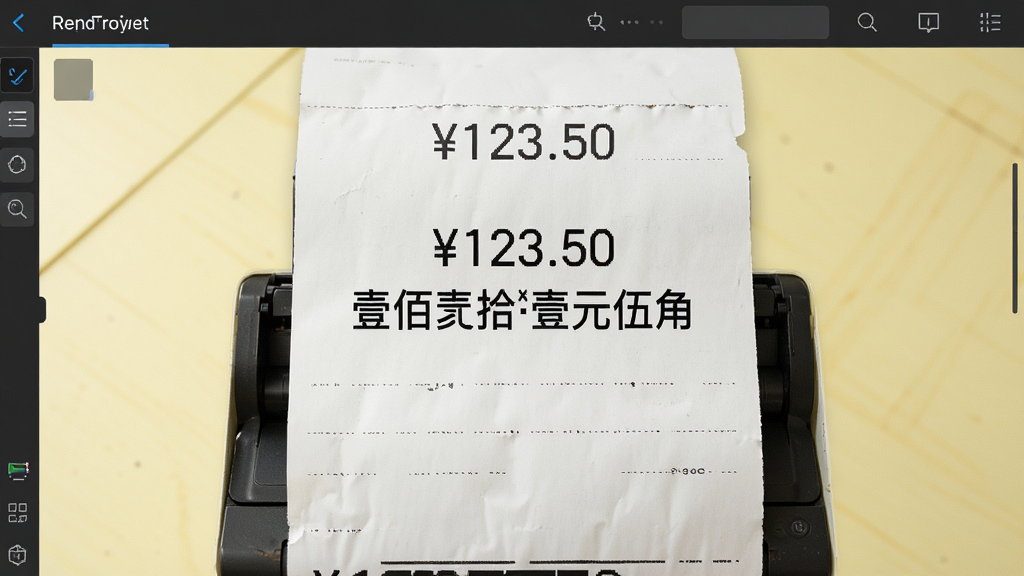 主体:简洁收据打印专家的打印预览界面,展示一张打印完成的收据,收据上金额部分同时显示小写数字与中文大写,如“123.50”和“壹佰贰拾叁元伍角”,背景为淡黄色桌面,收据纸张质感真实,排版居中,风格简约,细节包括打印机和纸张边缘,画质清晰,干净无多余元素。