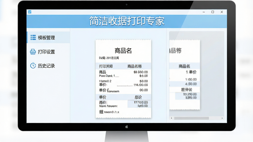 主体:简洁收据打印专家软件界面展示,屏幕中央显示一张设计简洁的收据模板,上方有软件名称“简洁收据打印专家”字样,界面以浅蓝色和白色为主调,左侧功能菜单包括“模板管理”、“打印设置”、“历史记录”,右侧预览区展示一张收据,收据上打印着日期、商品名、单价、总价等字段,布局清晰,排版规整,风格现代简约,细节高光处理,画质高清,干净无多余元素。