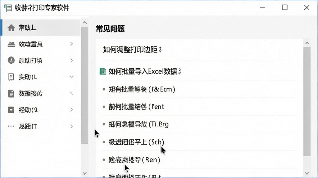 主体:简洁收据打印专家软件的帮助界面,显示“常见问题”列表,包含“如何调整打印边距”、“如何批量导入Excel数据”等条目,界面为白色背景,左侧导航栏,右侧内容区,排版清晰,风格简洁,细节包括滚动条和光标,画质高清,干净无多余元素。