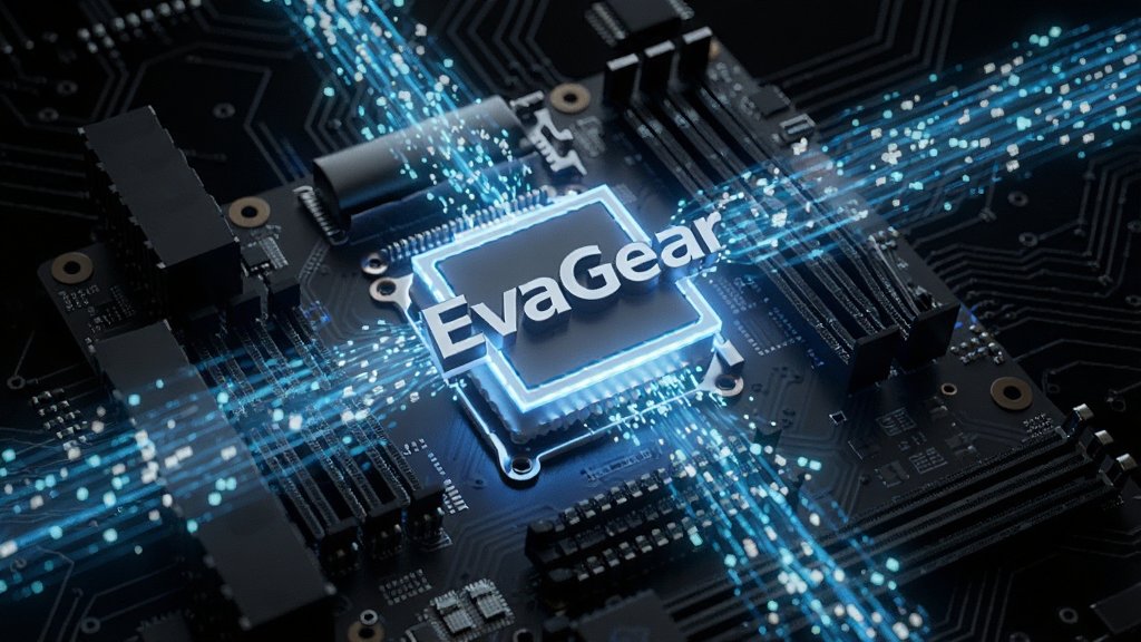 展示EvaGear性能引擎工作的抽象概念图,主体为一块发光的电脑主板,中央悬浮着EvaGear的Logo,周围有流动的光效代表数据处理,背景为深色电路板纹理,风格科幻,细节丰富,画质干净