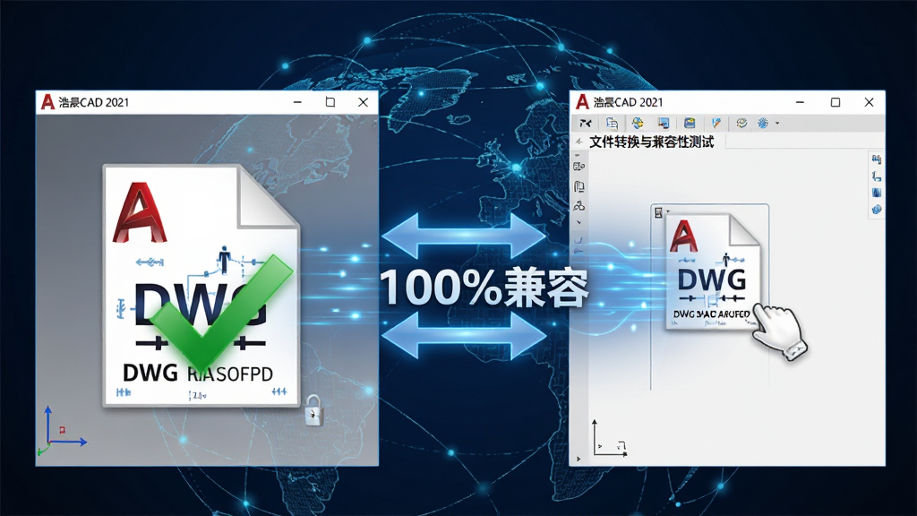 主体:浩辰CAD 2021软件界面,展示文件转换与兼容性测试窗口。布局:左侧窗口显示一个复杂的DWG文件图标正在被拖拽到右侧浩辰CAD 2021的打开区域,中间有表示数据流通的蓝色光线。排版:界面简洁,突出双向箭头和“100%兼容”字样。风格:简洁、现代、数据安全。细节:文件图标带有AutoCAD的红色标记,但被浩辰的绿色对勾覆盖,背景有地球网络连接线。画质:高清,干净,无多余元素。