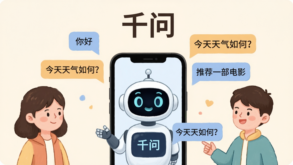 主体:两个卡通人物与一个手机中的AI机器人对话,机器人屏幕显示“千问”字样,周围有多个对话气泡。布局:手机位于画面下方居中,两个人物分别站在手机两侧,形成对称构图。排版:对话气泡错落有致,上方有“千问”的标题文字。风格:插画风,色彩柔和,温馨感。细节:气泡内分别显示“你好”、“今天天气如何?”、“推荐一部电影”等文字,机器人表情灵动。画质:高清,干净,无多余元素。