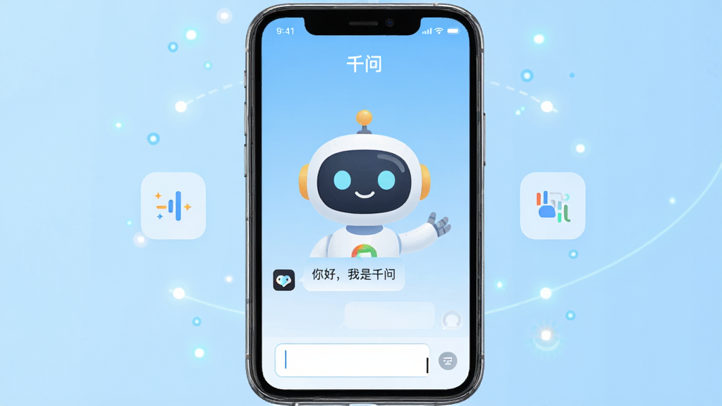 主体:手机屏幕展示千问APP的智能对话界面,界面中有一个卡通机器人形象,背景为浅蓝色渐变,四周有漂浮的科技感光点。布局:手机位于画面中央,屏幕内容清晰可见,左右两侧各有一个简洁的图标按钮。排版:界面整洁,对话气泡排列有序,上方显示“千问”字样,下方有一个输入框。风格:现代科技风,色彩明亮,扁平化设计。细节:机器人面带微笑,对话气泡中有“你好,我是千问”的文字,输入框有光标闪烁。画质:高清,干净,无多余元素。