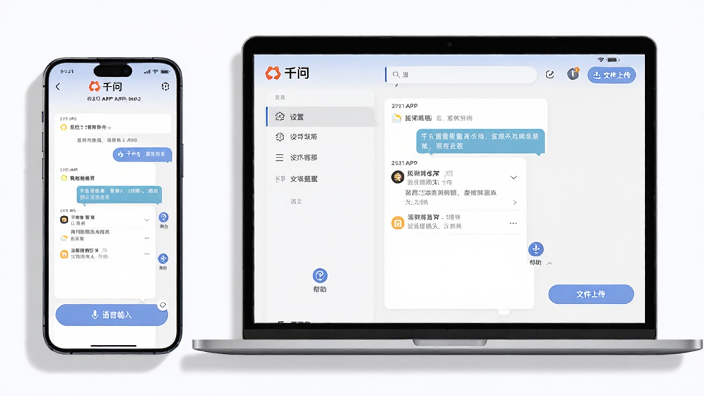 主体:一部智能手机和一台笔记本电脑并排摆放,屏幕均显示千问APP的对话界面,界面上有“设置”菜单和“帮助”图标。布局:手机位于左侧,电脑位于右侧,背景为简洁的纯色。排版:屏幕内容清晰,有“千问”的logo,对话列表和功能按钮。风格:扁平化设计,色彩清新。细节:手机屏幕上有“语音输入”按钮,电脑屏幕上有“文件上传”按钮,周围有浅灰色阴影。画质:高清,干净,无多余元素。