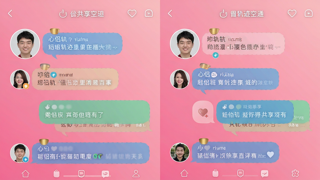 心侣轨迹双人共享空间截图,左右分屏展示两人头像与互动消息,背景为渐变粉色,界面清新,图标精致,画质高清,无多余元素