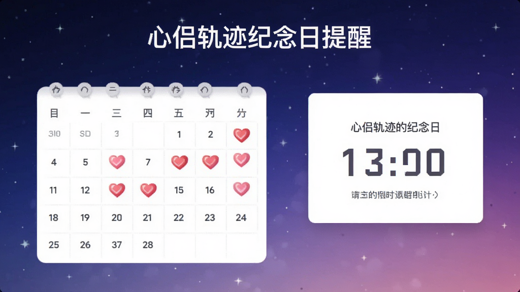 心侣轨迹纪念日提醒页面,日历上标记爱心图标,弹出卡片显示倒计时,背景为星空渐变,字体清晰,简约风格,画质干净