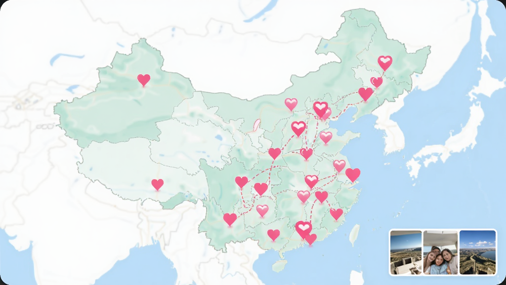 心侣轨迹足迹地图界面,中国地图上标注多个粉色心形坐标,连接线为虚线,右下角有照片缩略图,整体风格清爽,画质清晰,无多余元素