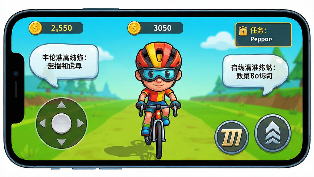 主体为手机横屏游戏操作界面,画面中间是骑行的主角,左手边是虚拟摇杆,右手边是刹车和加速按钮。界面周围有清晰的游戏教程气泡指引。布局采用横向构图,UI图标设计简洁。排版紧凑,功能分区明确。风格为卡通UI设计,色彩明快。细节包括金币数量显示和任务提示框。画质高清,干净无多余元素。