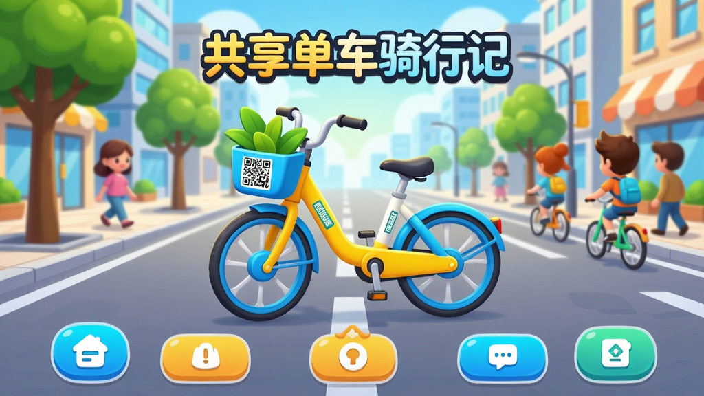 主体为清新卡通风格的手机游戏主界面,展示《共享单车骑行记》游戏LOGO,背景是阳光明媚的现代都市街道,画面中央有一辆黄蓝配色的共享单车,车筐里放着绿植,远处有骑行的卡通人物。布局采用中心构图,游戏UI按钮整齐排列在画面下方。排版清晰,突出游戏名称和单车元素。风格明亮活泼,色彩饱和度高。细节包括车身上的二维码、路边的树木和行人。画质高清,干净无多余元素。