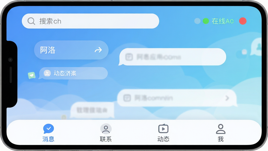 阿洛应用主界面预览图,展示清新的聊天背景、底部导航栏包含消息、联系人、动态和我四个标签,顶部搜索框与在线状态,整体采用蓝白渐变主色调,圆角卡片布局,现代扁平化设计风格,细节精致,画质干净,无多余元素