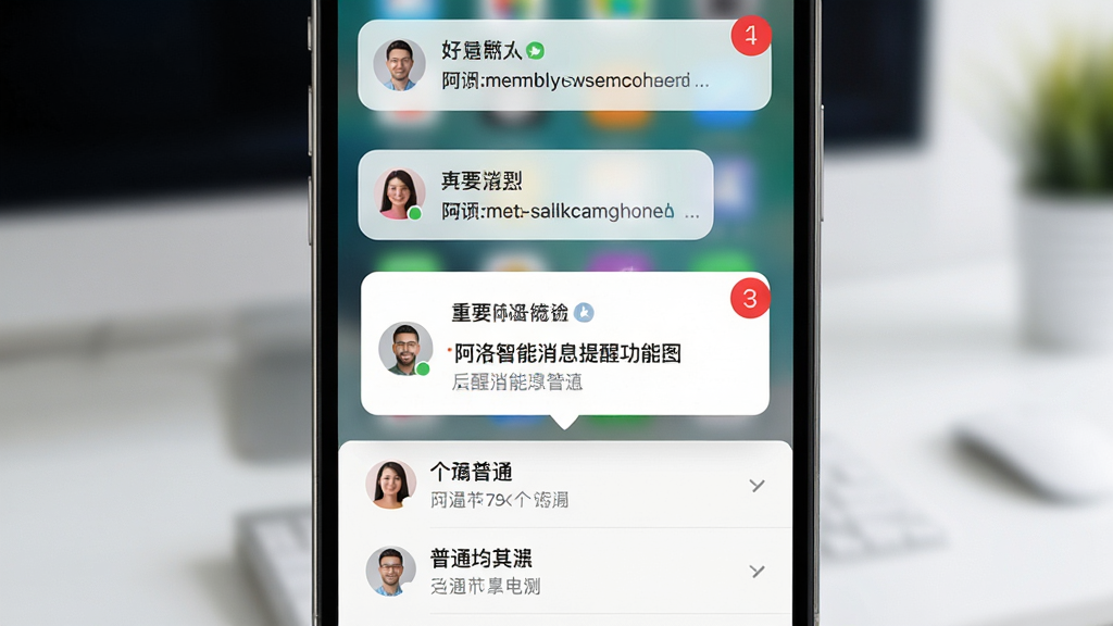 阿洛智能消息提醒功能示意图,手机屏幕显示不同联系人的消息通知,重要消息带有红色数字角标和弹窗,普通消息折叠在底部,背景模糊处理,突出提醒层级,界面风格简洁明亮,细节清晰,画质干净