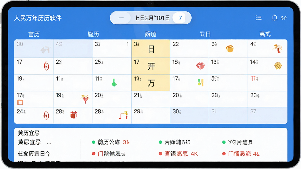 主体:人民万年历软件主界面,展示公历农历对照与节气信息;布局:界面顶部为日期切换按钮,中部为日历网格,底部为黄历宜忌详情;排版:现代扁平化设计,信息层级分明,左右留白舒适;风格:清爽的蓝白配色,搭配淡黄色高亮今日日期;细节:日历格中标注农历小字与节气图标,宜忌条目用绿色和红色小圆点区分;画质:4K高清渲染,界面干净无多余元素。