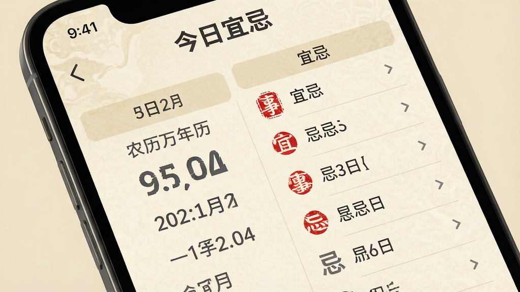 主体:手机屏幕特写显示“人民万年历”的黄历详情页;布局:左侧为日期与农历信息,右侧罗列宜忌列表;排版:条目式布局,每项宜忌前有图标;风格:古风与现代结合,米黄色背景配深灰文字;细节:顶部显示“今日宜忌”标题,宜事用红色印章风格图标,忌事用灰色;画质:高分辨率,细节纹理清晰,画面干净。