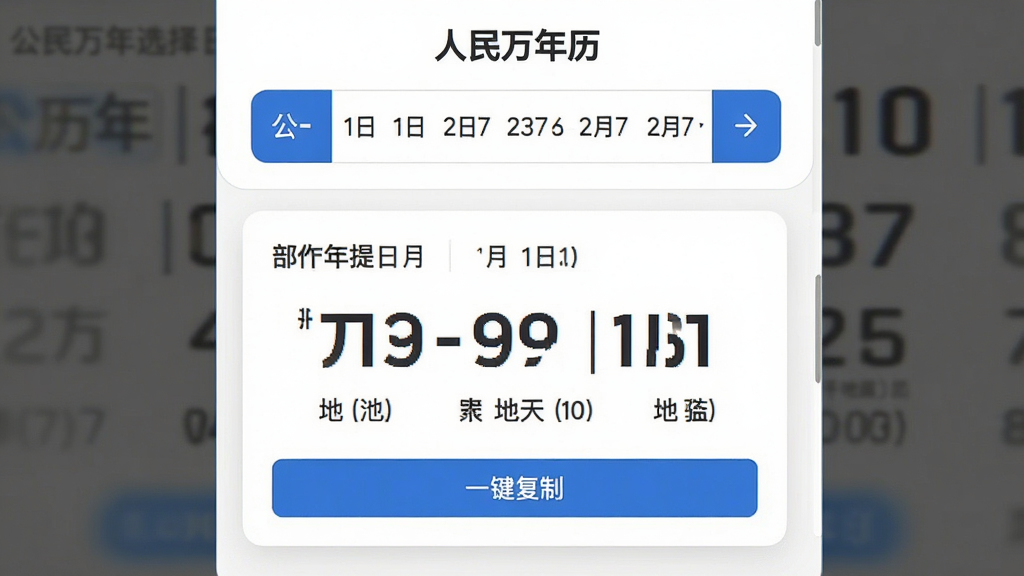 主体:“人民万年历”公农历转换功能界面;布局:上方为公历日期选择器,下方对应显示农历信息卡片;排版:卡片式设计,转换结果用大号字体突出显示;风格:简约商务风,白色背景搭配蓝色点缀;细节:显示农历年、月、日及天干地支,底部有“一键复制”按钮;画质:清晰锐利,无多余元素。