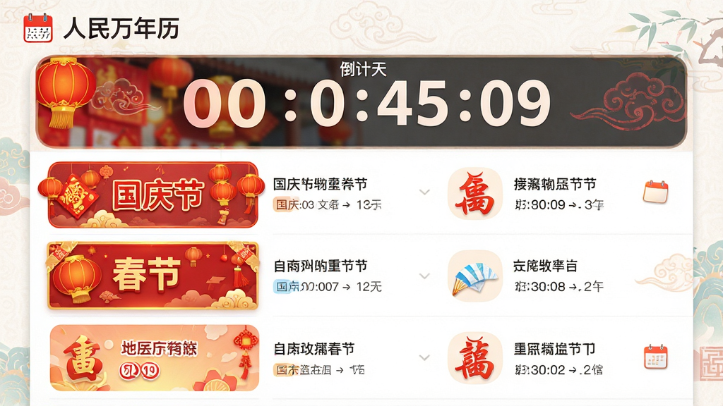 主体:“人民万年历”节假日列表页面;布局:列表形式展示即将到来的节日,顶部为倒计时天数;排版:大图标配文字,信息一目了然;风格:清新活泼,节日图标色彩鲜艳;细节:国庆节、春节等重点节日有特殊标记,列表背景有淡淡的中国风底纹;画质:高清,画面干净整洁。