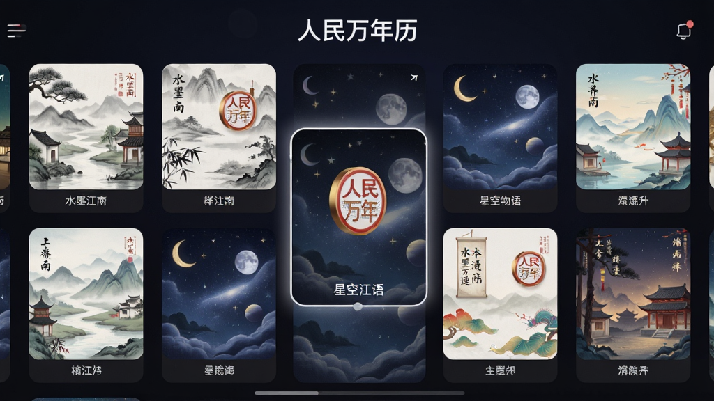 主体:“人民万年历”主题选择中心;布局:以网格状展示不同主题的缩略图;排版:横向滑动浏览,选中主题有放大效果;风格:展示界面时尚,主题风格各异;细节:每张缩略图下方标注主题名称,如“水墨江南”、“星空物语”;画质:渲染精细,无多余UI干扰元素。