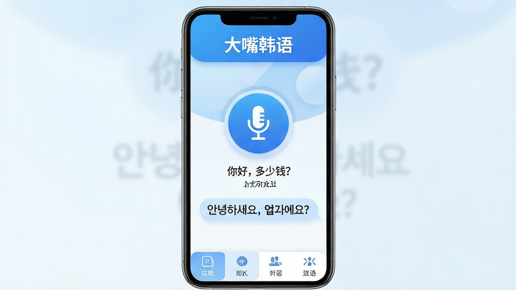 主体:大嘴韩语软件主界面展示,界面风格清爽,以蓝白为主色调,界面中央有一个醒目的麦克风按钮,按钮下方显示中韩双语对照文字。布局:手机竖屏界面居中构图,顶部为软件名称“大嘴韩语”字样,底部为功能选项卡。排版:UI界面元素排列整齐,图标线条简洁,文字清晰可读。风格:现代扁平化设计风格,带有轻微的渐变色彩,整体视觉明亮通透。细节:界面中模拟显示一句中文“你好,多少钱?”与对应韩文“, ?”的译音对照气泡。画质:4K高清渲染,细节丰富,画面干净,无多余元素。