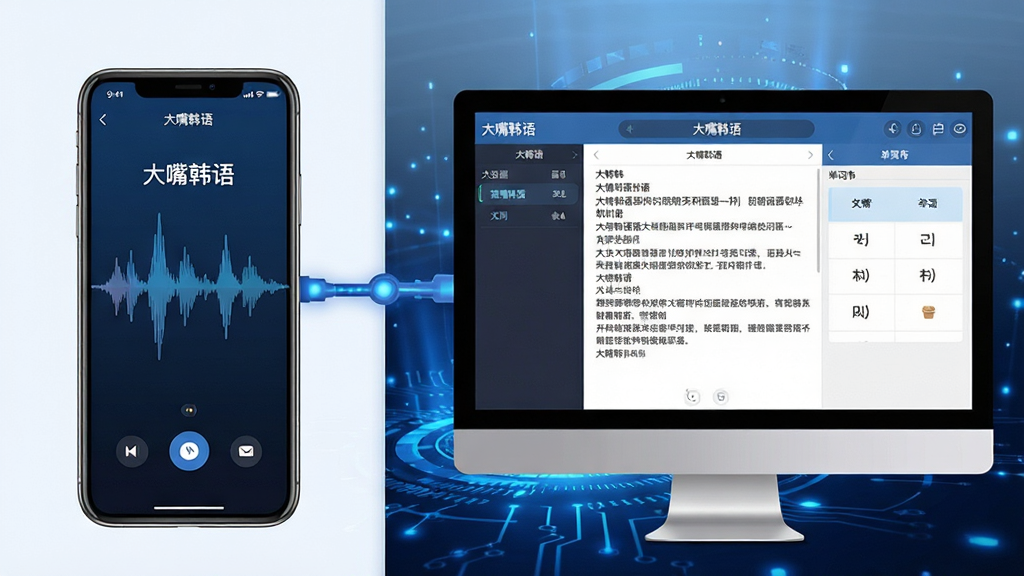 主体:大嘴韩语软件在手机与电脑模拟器上运行的双屏对比图。布局:左侧为竖屏手机界面,右侧为横屏电脑模拟器界面,两者通过视觉连线连接。排版:画面左右对称,色彩和谐。风格:科技数码风格,背景为深蓝色科技感光效。细节:手机端显示语音翻译波形界面,电脑端显示文本翻译与单词本界面,屏幕上均清晰标注“大嘴韩语”字样。画质:高清渲染,画面整洁,无多余元素。