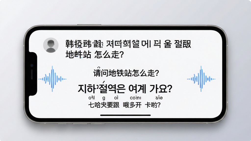 主体:大嘴韩语软件运行中的实时翻译界面,手机屏幕占据画面中心,背景为柔和的浅灰色渐变。布局:屏幕内上方显示用户说出的中文长句,下方对应显示韩文翻译和中文谐音标注,两侧有语音波形动态效果。排版:文字信息分层展示,主次分明,波形动画流畅。风格:科技感与实用性结合,界面设计干净利落。细节:屏幕边缘有细微的阴影和光晕效果,突出核心翻译内容,画面中模拟显示“请问地铁站怎么走?”与韩文“ ?”及谐音“七哈冲要跟 哦多开 卡哟?”。画质:超高清画质,光影自然,构图饱满,无多余元素。