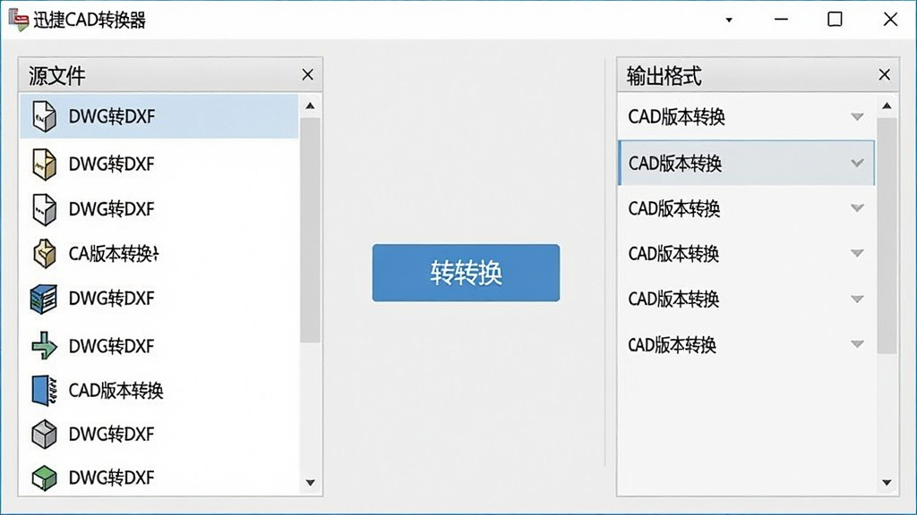 一张展示迅捷CAD转换器进行格式转换过程的界面图,左侧为源文件列表,右侧为输出格式选项,中间有转换按钮,背景为浅灰色,界面布局清晰,文字标签显示“DWG转DXF”、“CAD版本转换”等字样,画质干净,无多余元素。