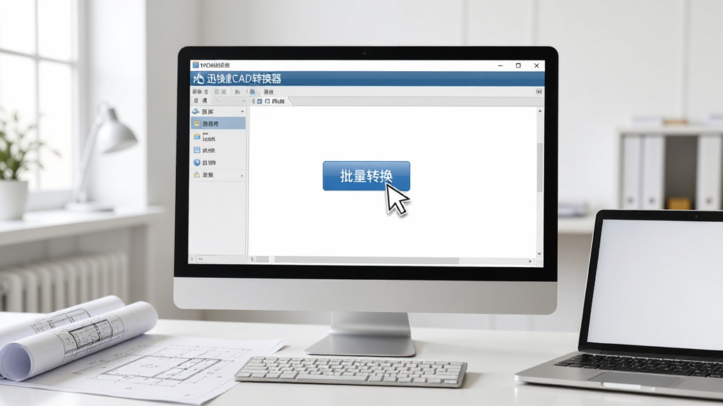 一幅展示迅捷CAD转换器在电脑上运行的实拍图,屏幕显示软件界面,鼠标指针悬停在“批量转换”按钮上,桌面上摆放着图纸和笔记本电脑,环境明亮整洁,画质清晰,无多余元素。
