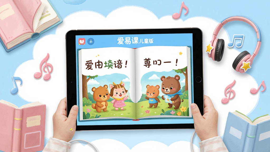 ��������Ϊ��ͯƽ���豸չʾ�汾�Ķ����棬�汾ҳ���в�ɫ�廭�ͺ��֣��Ա��ж���������Ԫ�أ����ֲ���ƽ����У���Χ�����鱾��������������װ�Σ��Ű����£�ƽ����Ļ����ʾ�����׿� ��ͯ�桱��ʶ����������ܰ�ɰ���ɫ����ͷ�����ϸ�ڰ����汾�廭ΪС������¡�������������ֽ���������ƶ�߿򣻻��ʸ��塢�ɾ��޶���Ԫ�ء�