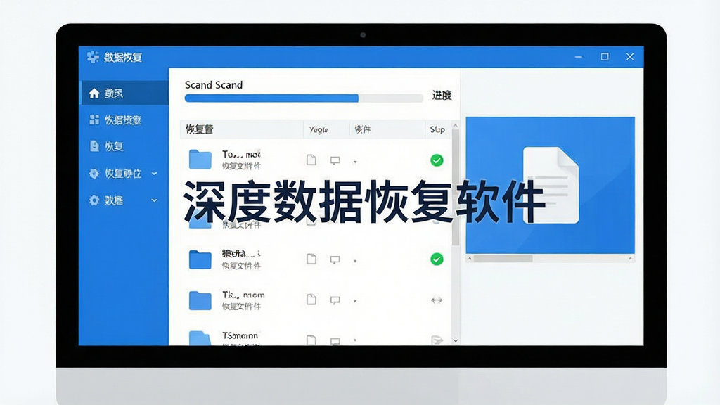一幅现代科技感的数据恢复软件界面预览图,主体为电脑屏幕中显示扫描进度条与恢复文件列表,布局简洁清晰,左侧功能导航,右侧预览窗口,风格扁平化设计,色彩以蓝色和白色为主,细节包含文件图标与绿色完成标识,画质高清干净,无多余元素,屏幕中央显示“深度数据恢复软件”字样