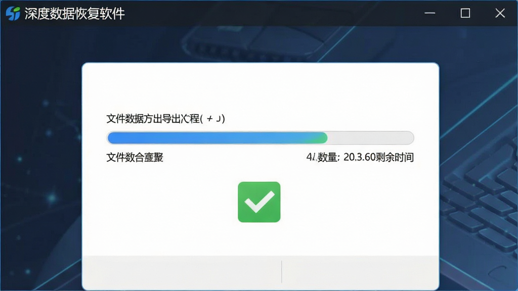 一张展示恢复文件导出过程的截图,主体为软件界面显示导出进度条与绿色对勾,布局居中,风格简洁商务,细节包含文件数量与剩余时间,画质清晰,界面左上角有“深度数据恢复软件”字样