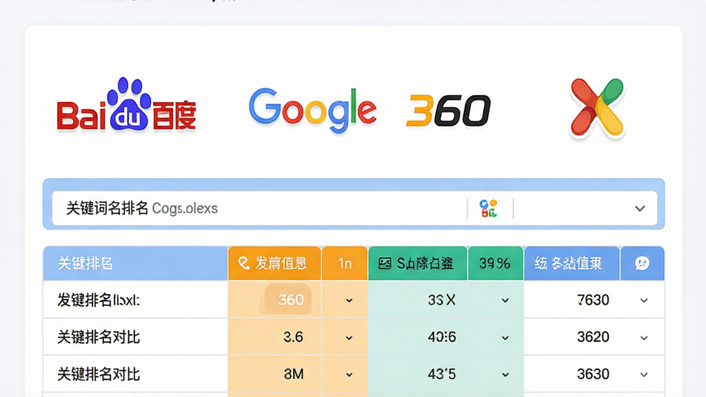网站排名查询多引擎切换界面,屏幕上展示百度、谷歌、360等搜索引擎图标,下方为关键词排名对比表格,配色明亮,界面清爽,文字清晰,画质高清,干净无多余元素