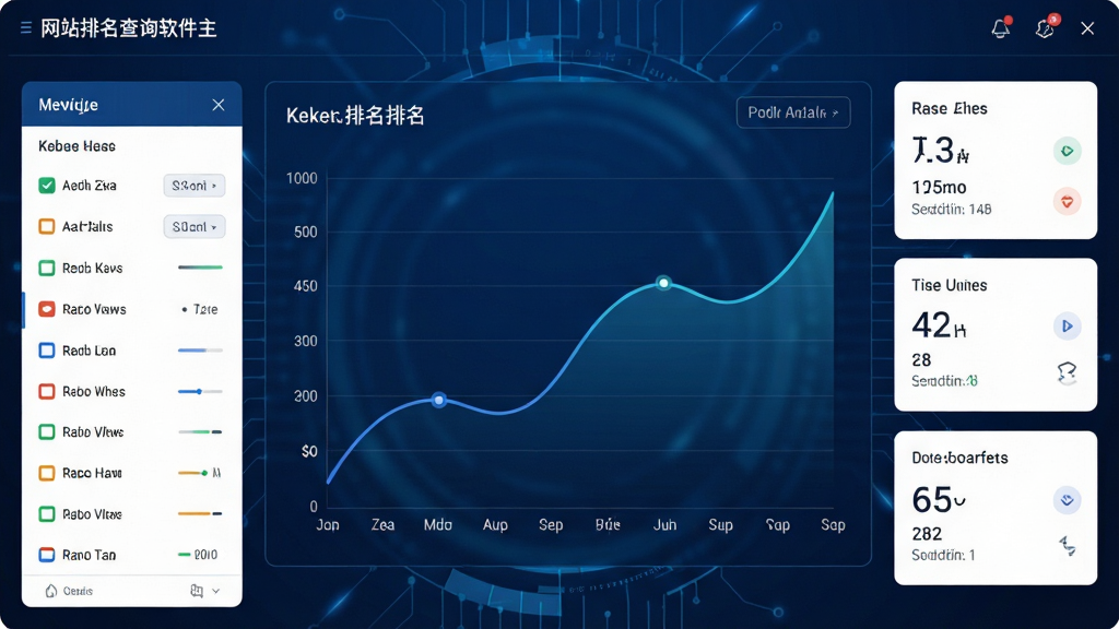 网站排名查询软件主界面,深蓝色科技感背景,中央显示关键词排名曲线图,左侧为网站列表,右侧为数据概览卡片,整体布局清晰,风格现代,画质高清,干净无多余元素
