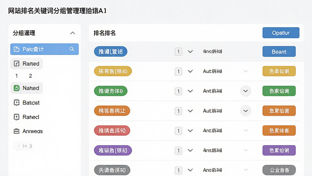 网站排名查询关键词分组管理页面,左侧为分组列表,右侧为关键词排名详情,每组用不同颜色标签区分,界面简洁,操作按钮清晰,画质高清,干净无多余元素