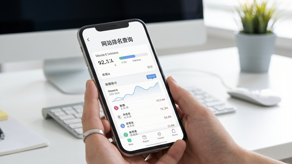 网站排名查询移动端使用场景,手机屏幕显示排名数据,背景为办公桌面,光线明亮,构图简洁,风格写实,画质高清,干净无多余元素