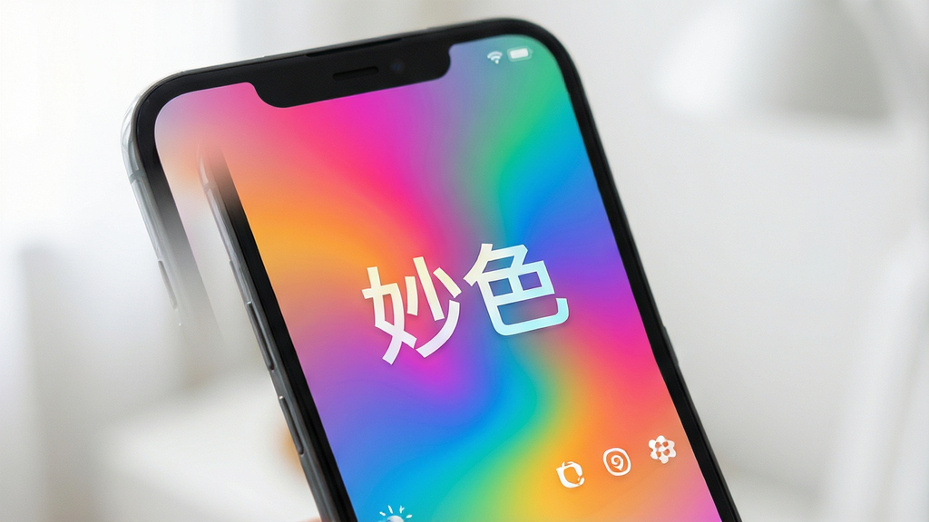 一张智能手机屏幕特写,屏幕中央显示五彩斑斓的渐变主题界面,主题名为“妙色”,画面干净明亮,背景虚化,突出手机屏幕中的色彩流动效果,整体风格现代简约,画质高清,无多余元素