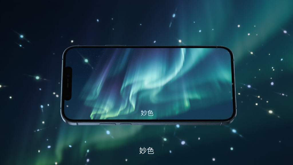 一部手机漂浮在深色背景中央,屏幕播放着“妙色”动态壁纸中的蓝色极光流动效果,光带细腻柔和,手机周围有微弱的粒子光点,整体氛围神秘而高级,画质细腻,无多余元素